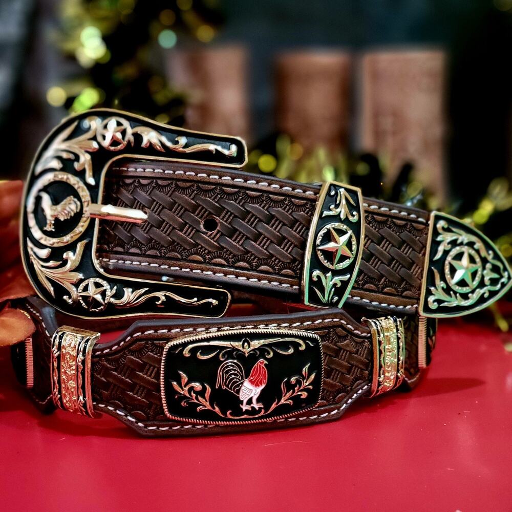 ROOSTER Texas Western Belt Cowboy Cowgirl/ genuine Leather sz LG Brown Gold
